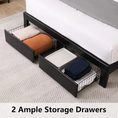 Upholstered Bed Frame Queen Size with Headboard, Platform Queen Bed Frame with Storage Drawers & Charging Station, No Box Spring