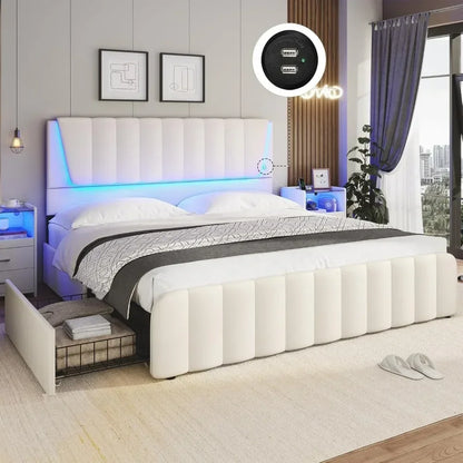 Full Size Bed Frame with Headboard and 4 Storage Drawers, Full Bed Frame with Led Lights & 2 USB Ports, Bed Frame