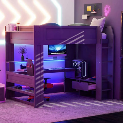 Full Size Gaming Loft Bed with Desk, LED and Charging Station, Wood Loft Bed with Multi-Storage Shelves and Drawers