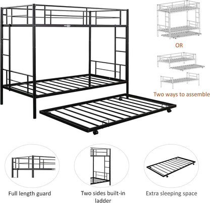 Twin Over Twin Metal Bunk Bed with Trundle Heavy Duty Bunk Beds Frame with 2 Side Ladders Convertible Bunkbed with Safety Guard