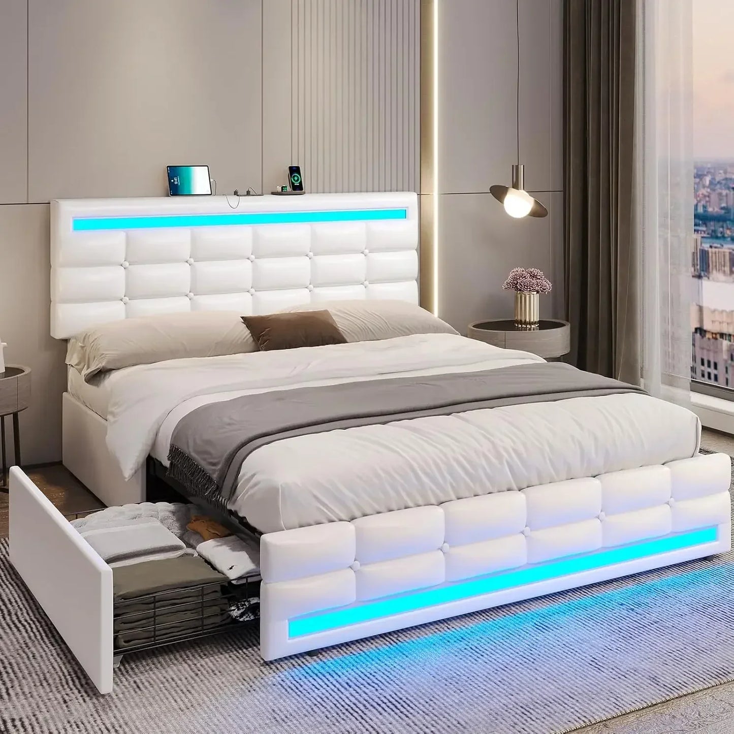 Bed Frame with Drawers, LED Bed Frame with Charging Station and Storage & LED Lights Headboard Footboard, Pu Leather Bed Frame