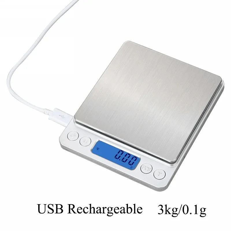 Digital Kitchen Scale 3000g/ 0.1g USB Charging with 2 Trays Home Mini Jewelry Pocket Scale with LCD Display Digital Food Scales