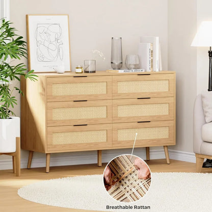 Wooden Dresser for Bedroom, Natural Rattan Dresser with Drawers 6 Drawer Chest of Drawers, Double Dressers Chest for Living Room