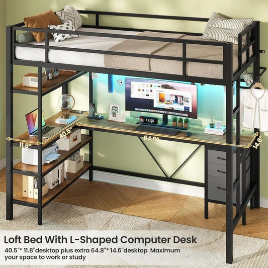 Bunk Beds Loft Bed Twin Size, L-Shaped Desk Charging Station and LED Lights, 4-Tier Bookshelf and 3 Drawers,  Muebles Beds