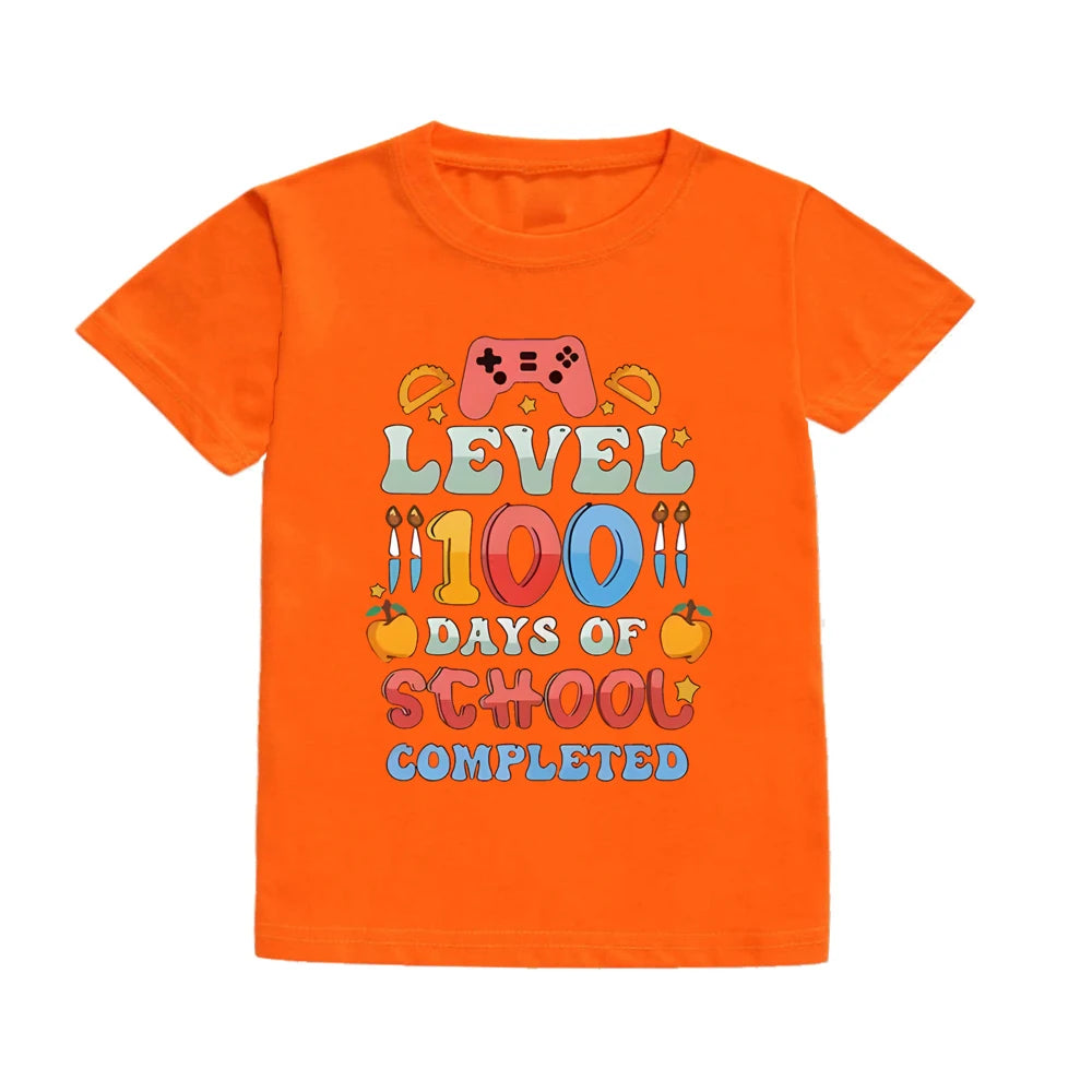 Level 100 Days of School Completed T-Shirt for Kids Short Sleeve Crew Neck Tee Tops Best Gift To Child Summer Clothes