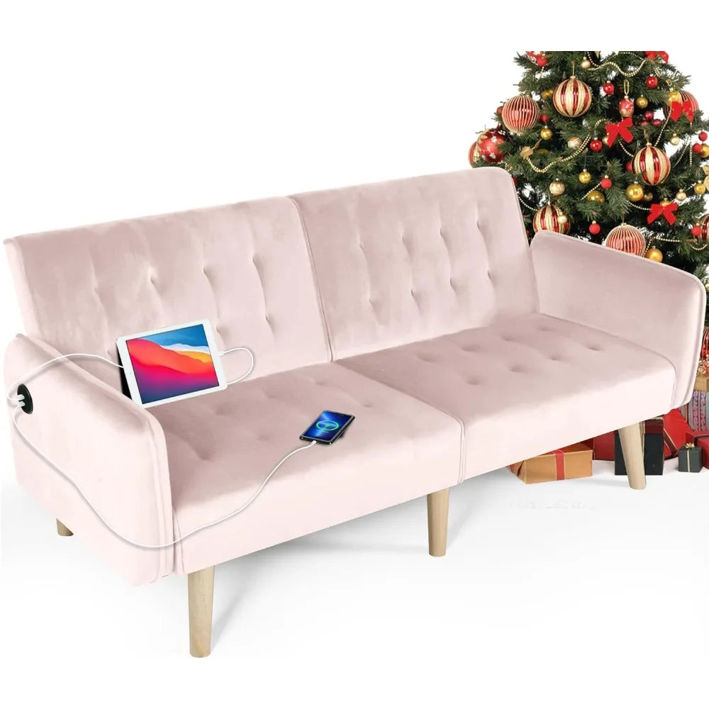 65“ Convertible Futon Sofa Bed w/ 2 USB, Upholstered Tufted Small Adjustable Folding Couch Loveseat, Mid Century Sleeper Sofa