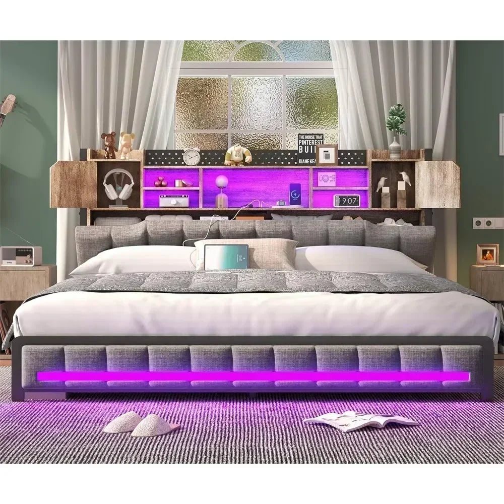 Bed Frame with 3-Tier Headboard & 2 Hidden Storage LED Lights Platform Metal Bed Frame with Storage Bed Frame