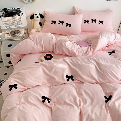 Cute Pink Bows Duvet Cover Set, 3D Embroidery Bedding Sets Pink Bed Set, Comfy Queen Comforter Covers Soft for Girls Kids Teens