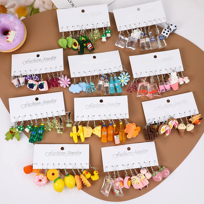 Fashion Sweet Fruit Drink Earrings Set for Women Cute Cartoon Food Ice Cream Donut Funny Resin Earrings Party Jewelry Gift New