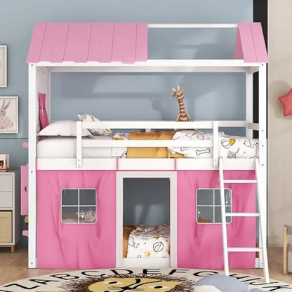 Kids Loft Bunk Bed House Twin with Tent Ladders Guardrail Windows Playhouse Wood Twin Over Twin Loft Bed Creative Design Storage