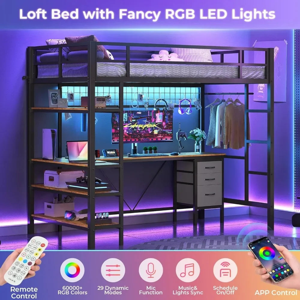 Bunk Beds Loft Bed Twin Size, L-Shaped Desk Charging Station and LED Lights, 4-Tier Bookshelf and 3 Drawers,  Muebles Beds