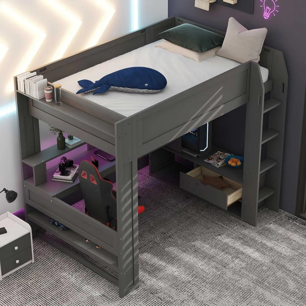 Full Size Gaming Loft Bed with Desk, LED and Charging Station, Wood Loft Bed with Multi-Storage Shelves and Drawers