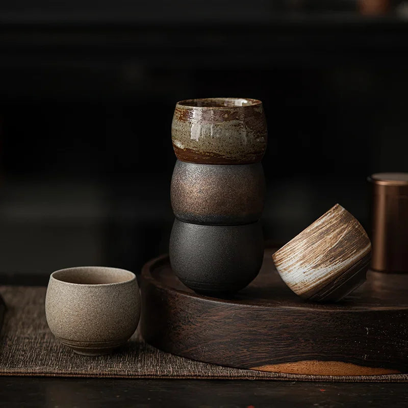 Japanese Handmade Rough Pottery Tea Cup Ceramic Kung Fu Tea Set Single Cup Antique Style Quiet Path Antique Craftsmanship Gift