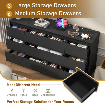 9 Drawer Dresser for Bedroom with Charging Station, 63" Modern Large Wood Chest of Drawers Handle Free, Black/White