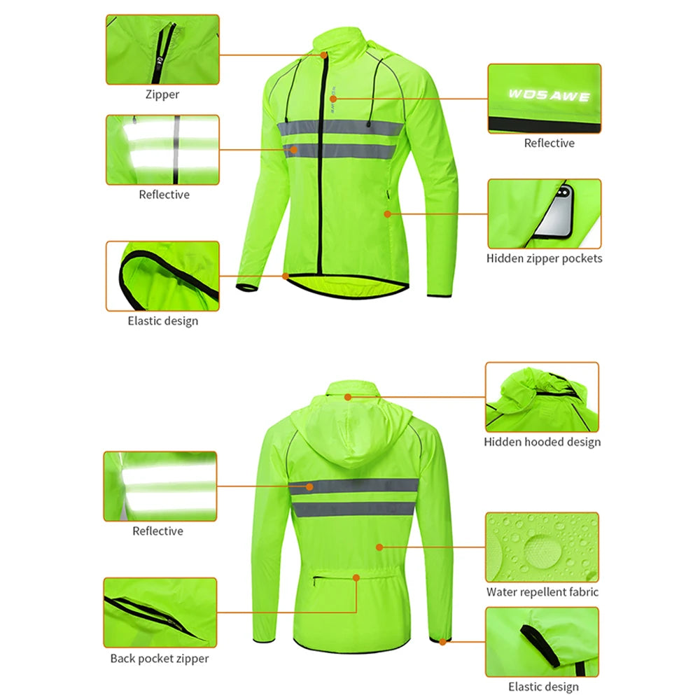 WOSAWE Cycling Windbreaker Men Packable Windproof Reflevtive Jacket Running Biking Hiking Riding Wind Coat MTB Bicycle Jersey