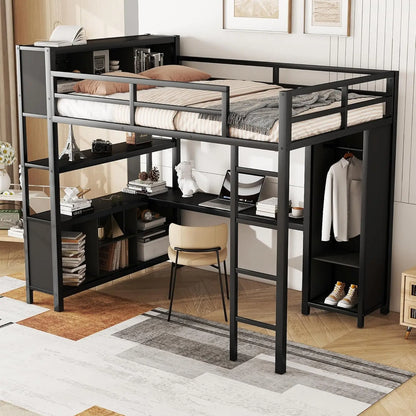 Full Size Loft Bed with L Shaped Desk and Wardrobe, Heavy Duty Loft Bed with Storage Cubes and Shelves, Metal Loft Bed for Kids