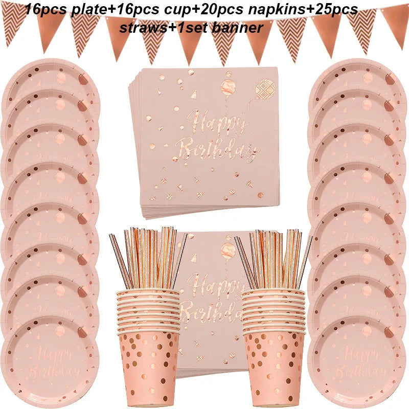 Rose Gold Party Disposable Tableware Set Paper Plate Cup for Wedding Birthday Party Decoration Baby Shower Bachelorette Party