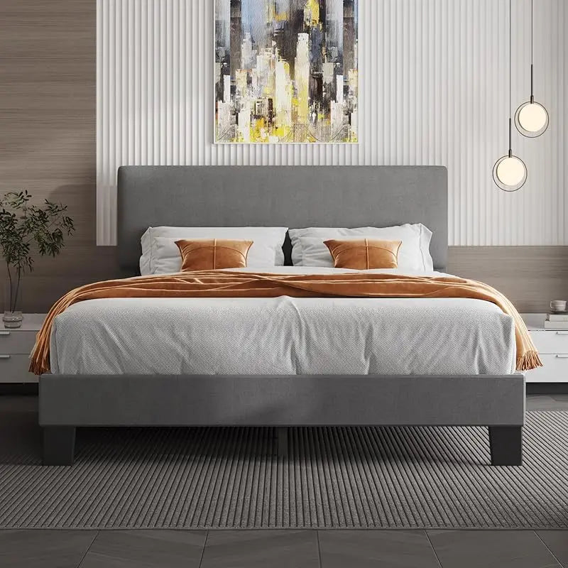 Queen Headboard,Linen Upholstered Bed Frame With Wood Slats Support,No Box Spring Needed,Heavy Duty Feet,Easy Ass