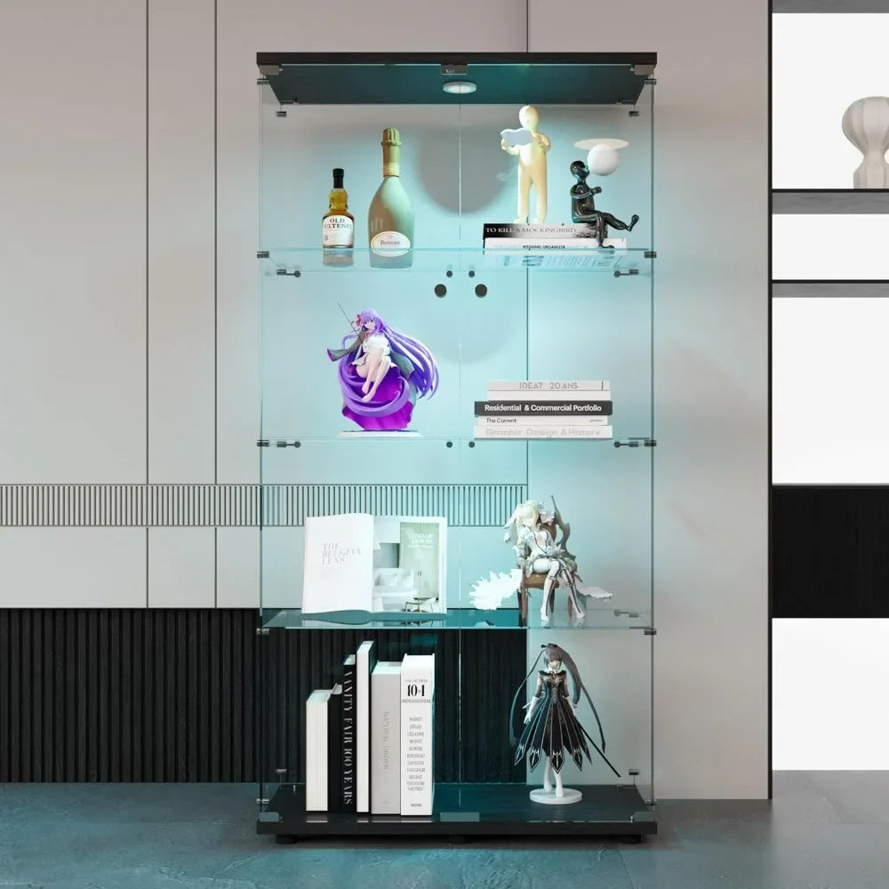 Display Cabinet, 64.5" H 4-Shelf LED Lights Glass Display Cabinet with Double Door, Modern Curio Cabinet Collection Display Case