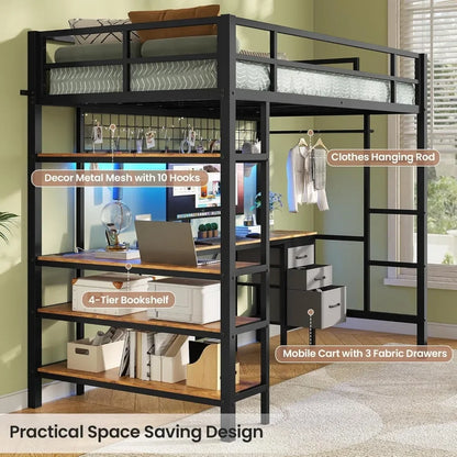 Bunk Beds Loft Bed Twin Size, L-Shaped Desk Charging Station and LED Lights, 4-Tier Bookshelf and 3 Drawers,  Muebles Beds