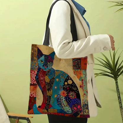 Ethnic Flower Cat Pattern Tote Bag, Aesthetic Canvas School Shoulder Bag, Lightweight Grocery Shopping Bag