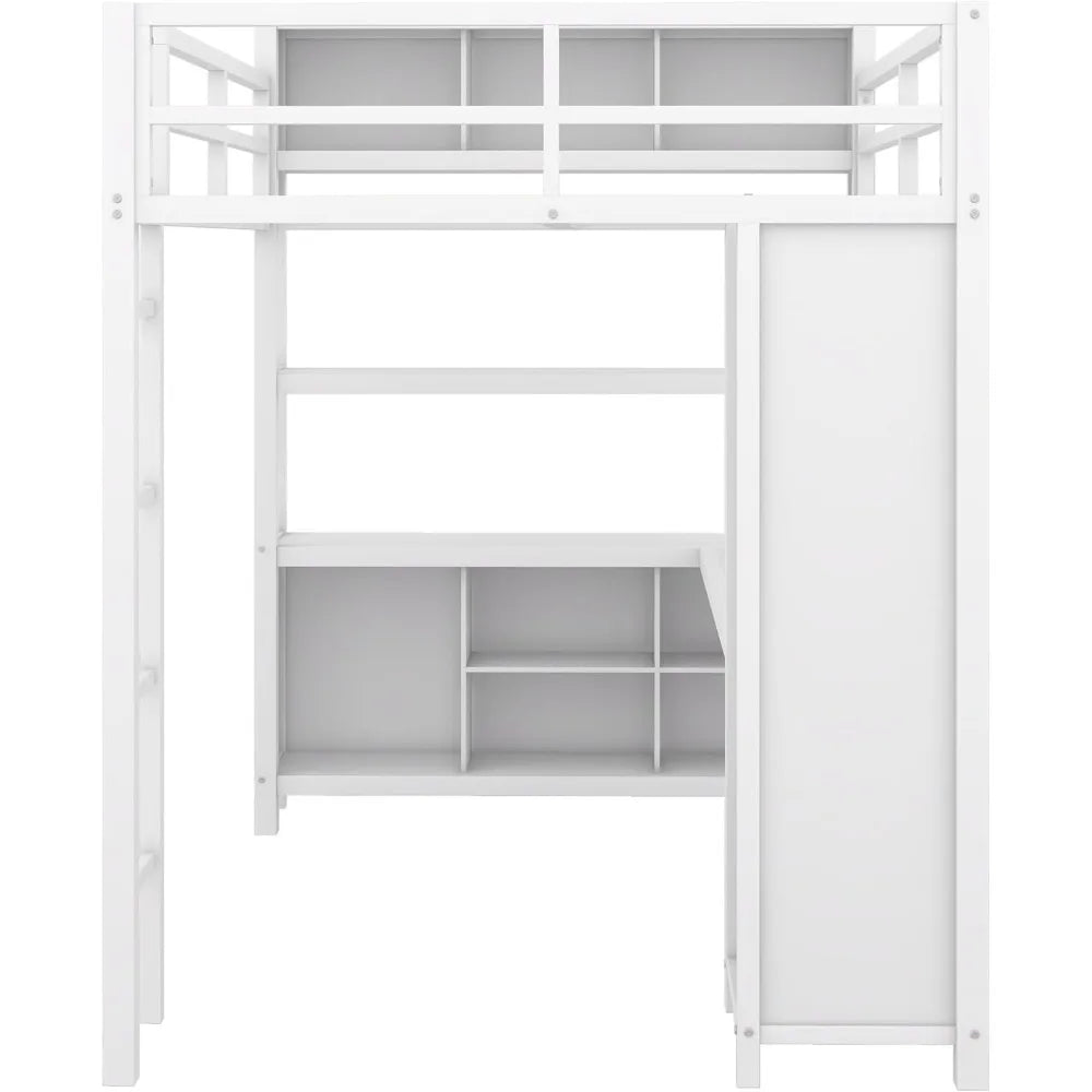 Full Size Loft Bed with L Shaped Desk and Wardrobe, Heavy Duty Loft Bed with Storage Cubes and Shelves, Metal Loft Bed for Kids