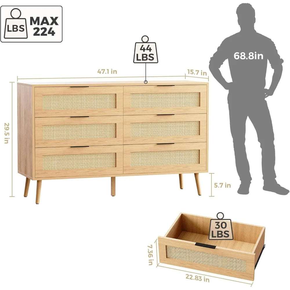 Wooden Dresser for Bedroom, Natural Rattan Dresser with Drawers 6 Drawer Chest of Drawers, Double Dressers Chest for Living Room