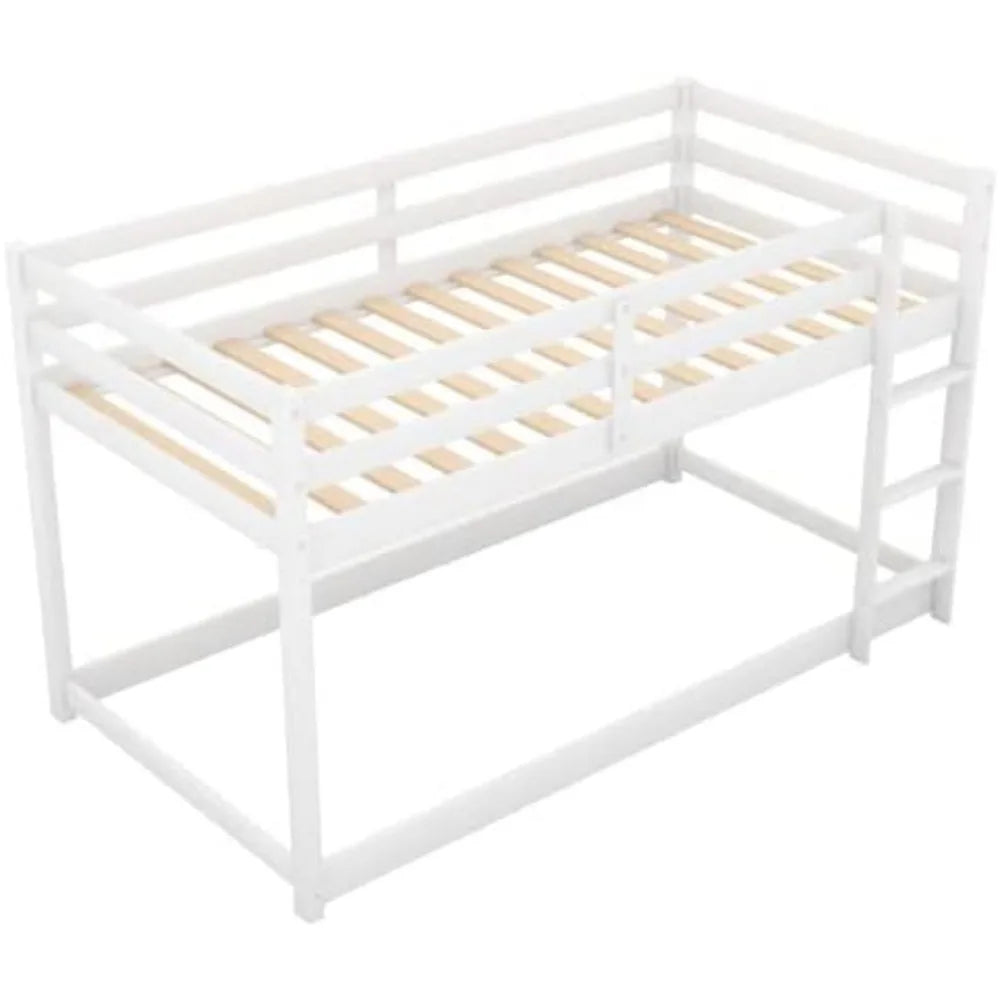 Twin Over Twin Bunk Bed, Low Floor Twin Bunk Beds Frame with Ladder & Full-Length Guardrail for Childs, 400LBS Capacity