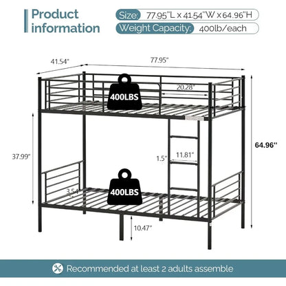 Bunk Bed Twin Over Twin, Twin Bunk Beds for kids/Teens/Adults, Flat Ladder and High Guardrail, Metal Bunk Bed with Stairs, Black