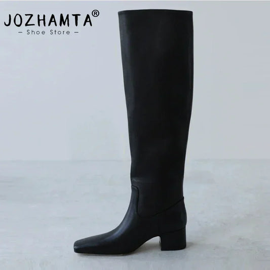 JOZHAMTA Size 34-43 Knee Boots For Women Genuine Leather Block High Heels Shoes Winter 2025 Wide Calf Casual Long Tall Boots