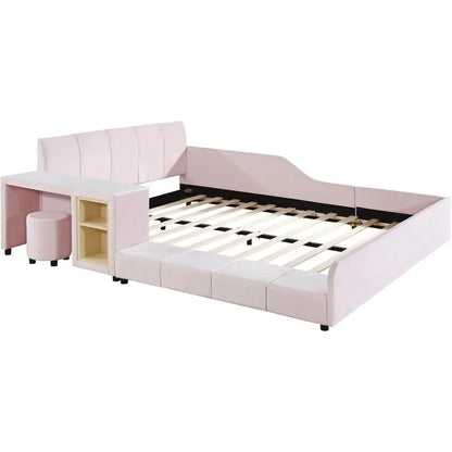 Upholstered Grounded Bed Platform Bed, Wooden Queen Size Mother & Child Bed Frame with Bedside Desk and Little Round Stool