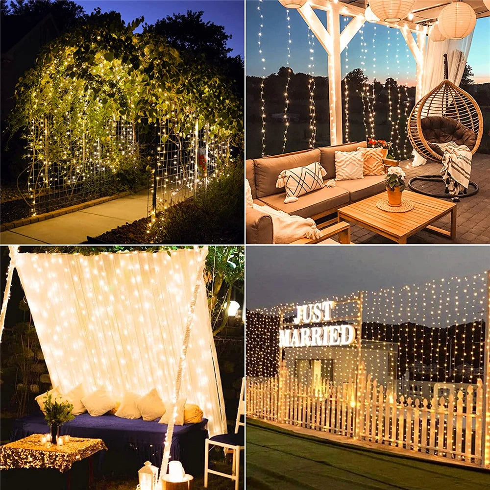 3x3M 300Leds Solar Curtain String Lights Outdoor Waterproof Garden Decoration Fairy Garland 8 Lighting Modes Christmas Lighting