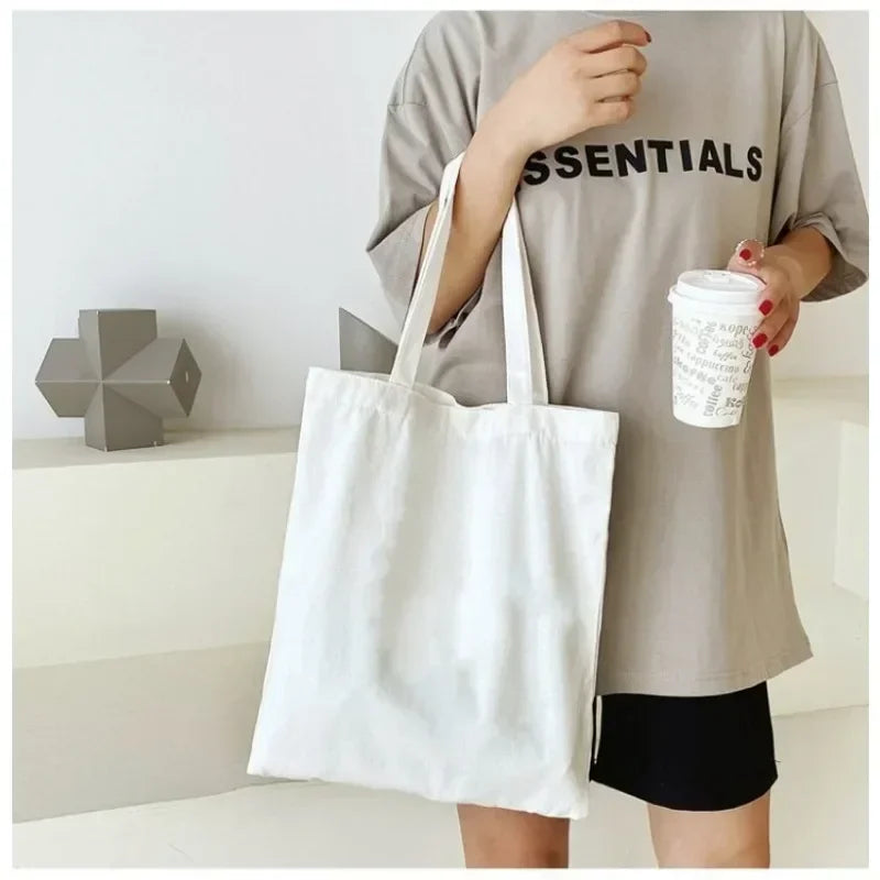 Large Capacity Black White Canvas Shoulder Tote Bag Folding Eco Cotton Handbag Reusable DIY Shoulder Bag Shopping Bag