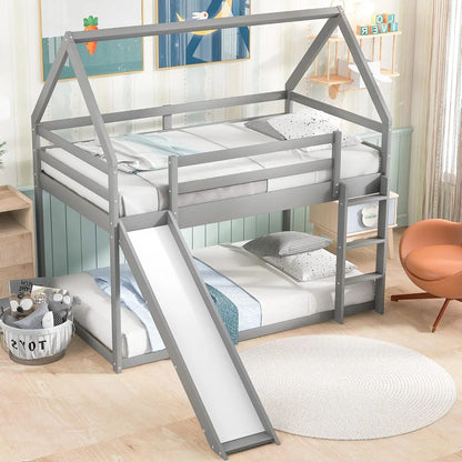 Kids Twin Over Twin Bunk Beds with Slide and Trundle, Bed Frame with Stairs and Storage, Playhouse Bunk Bed with Roof and Window