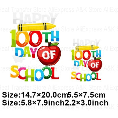 Happy 100 Days of School Heart Transfer Patches Iron On Clothing Kids Boy Rainbow DIY Washable Patches On Clothes Decals Decor