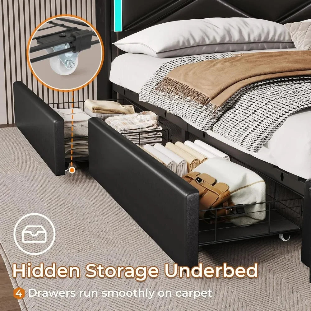 Bed Frame with Storage Drawers & LED Lights Headboard, Faux Leather Platform Bed with USB-C Charging Station