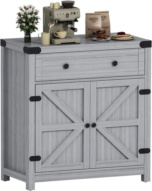 Coffee Bar Accent Cabinet, Farmhouse Barn Door Buffet Sideboard with Drawer and Adjustable Shelf, Wide Desktop for Kitchen, Dini