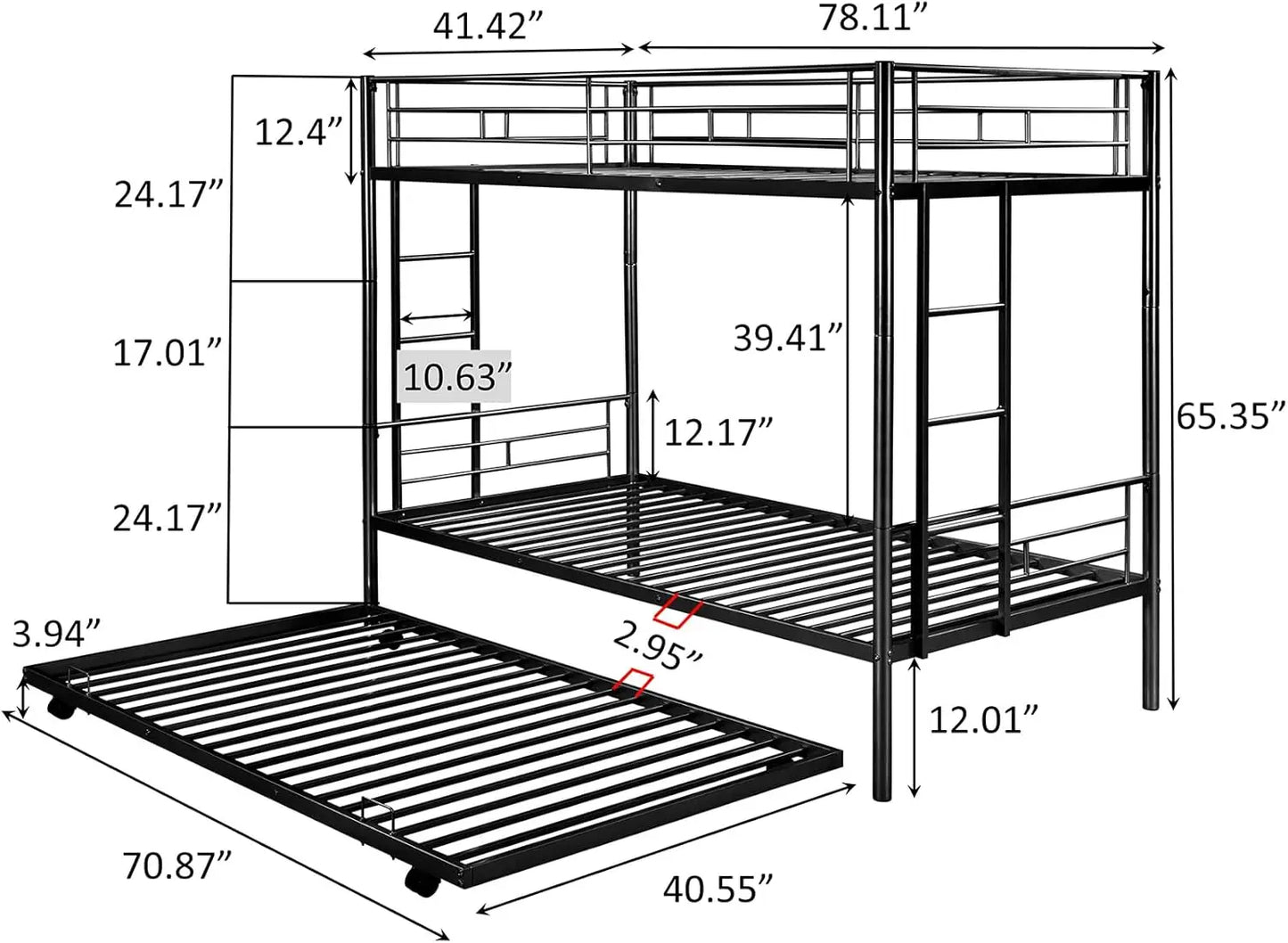 Twin Over Twin Metal Bunk Bed with Trundle Heavy Duty Bunk Beds Frame with 2 Side Ladders Convertible Bunkbed with Safety Guard