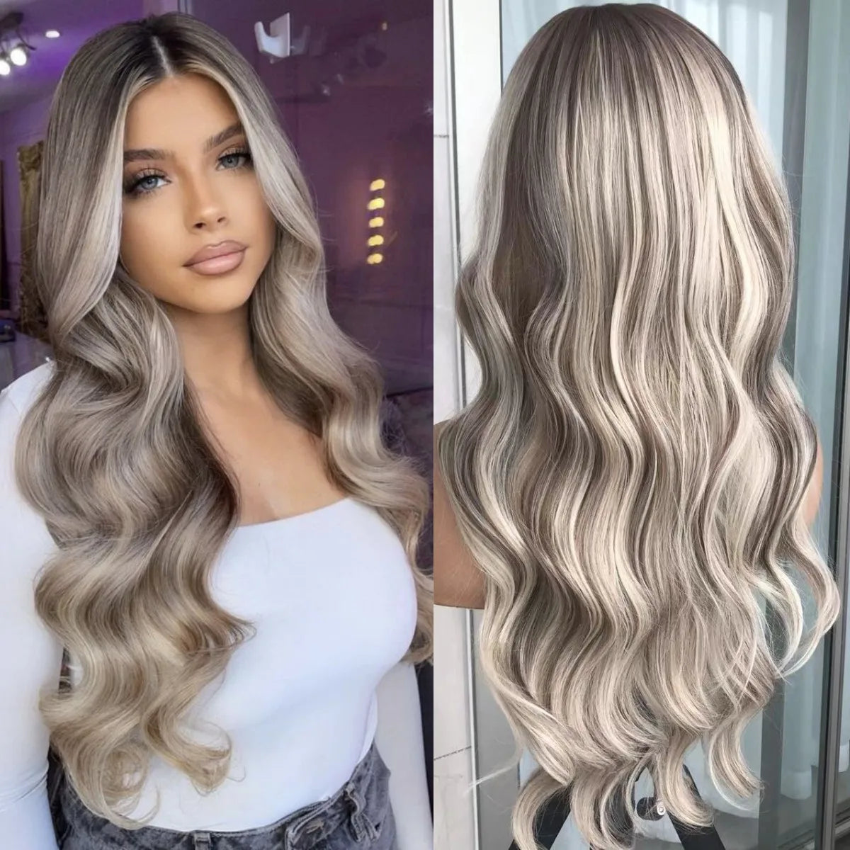 Body Wave Lace Front Wig Highlight Ash Blonde Lace Frontal Synthetic Wigs Pre Plucked Long Wavy Synthetic Lace Wig for Women