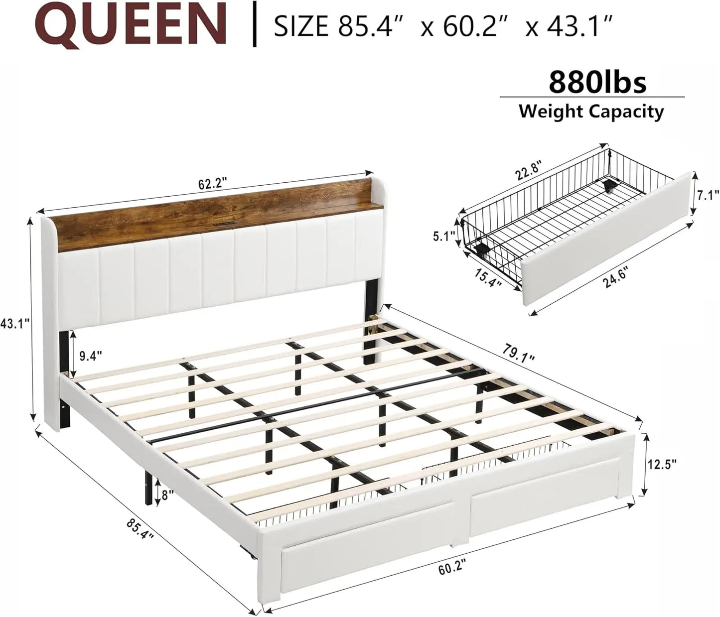 Upholstered Bed Frame Queen Size with Headboard, Platform Queen Bed Frame with Storage Drawers & Charging Station, No Box Spring