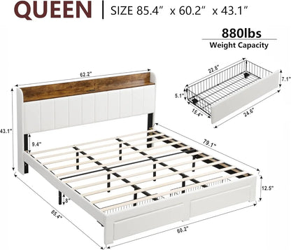 Upholstered Bed Frame Queen Size with Headboard, Platform Queen Bed Frame with Storage Drawers & Charging Station, No Box Spring