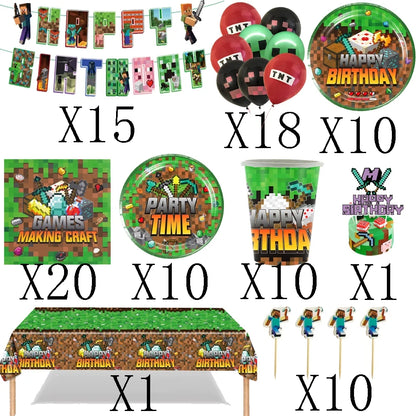 Cartoon Miner Craftings Pixel Tableware Set Theme Birthday Party Decor Cup Plate Napkin Cake Tablecloth Party Kids Baby Shower