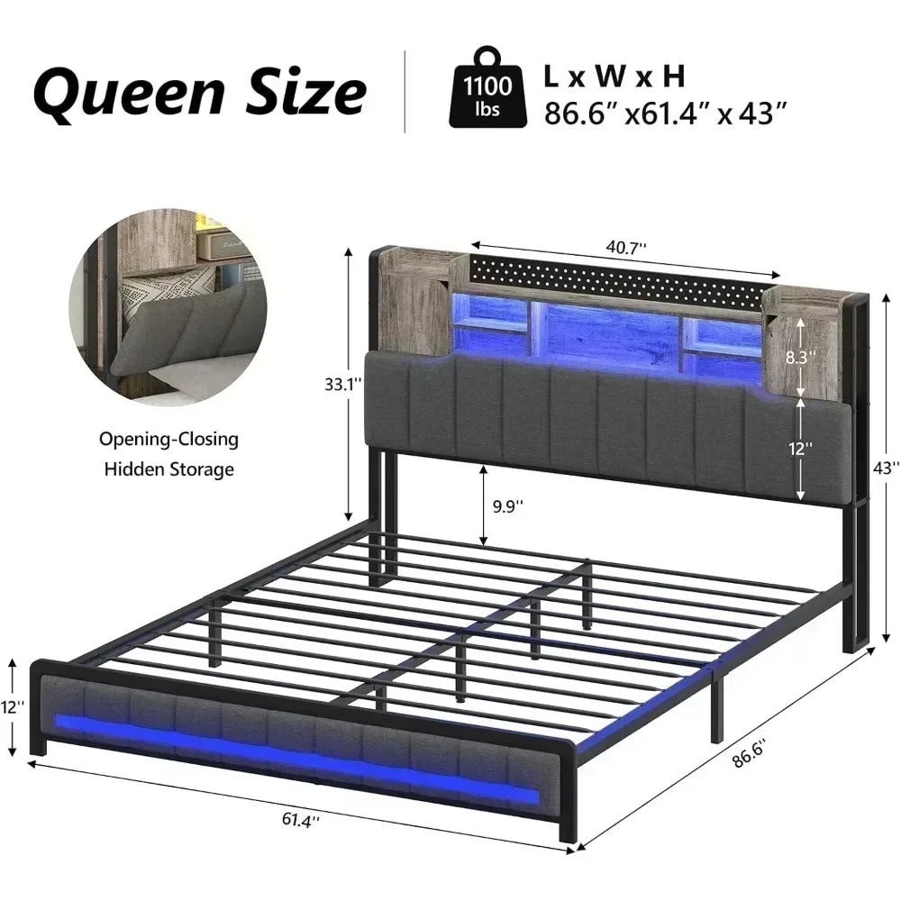 Bed Frame with 3-Tier Headboard & 2 Hidden Storage LED Lights Platform Metal Bed Frame with Storage Bed Frame