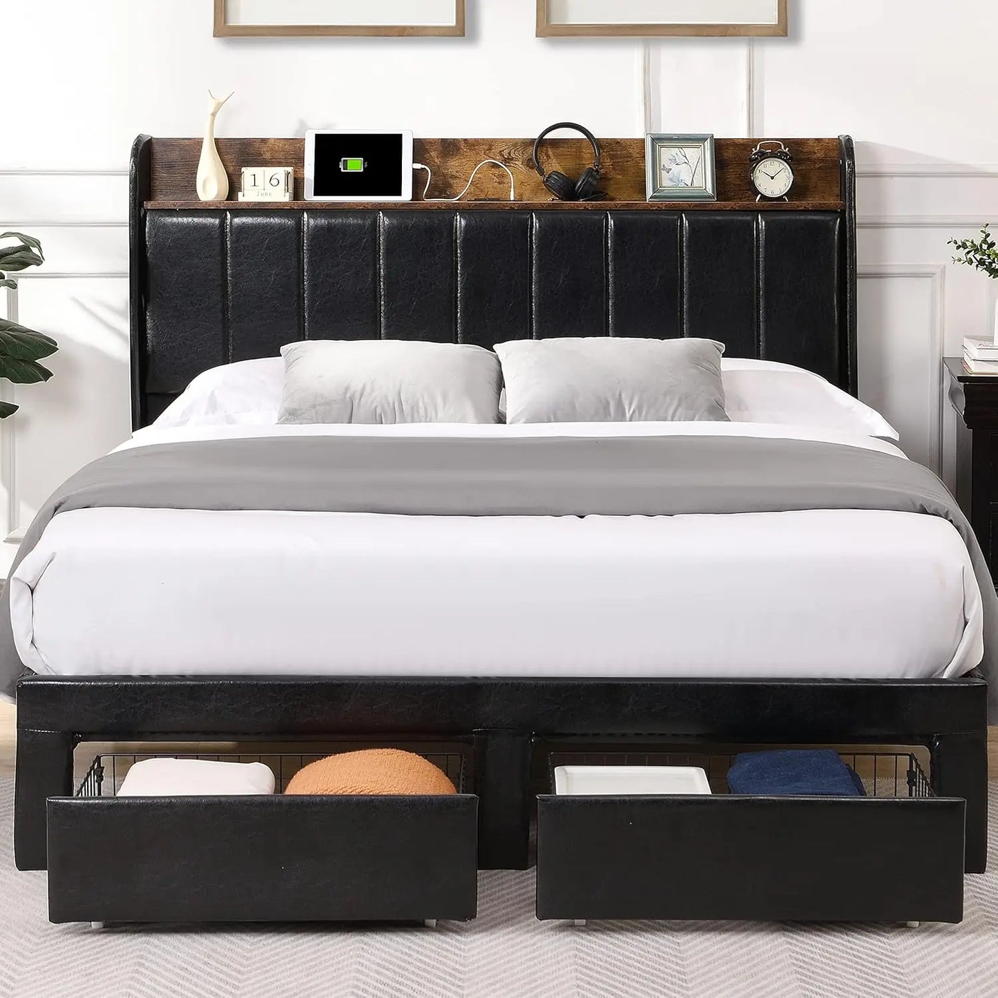 Upholstered Bed Frame Queen Size with Headboard, Platform Queen Bed Frame with Storage Drawers & Charging Station, No Box Spring