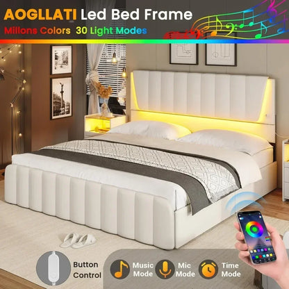 Full Size Bed Frame with Headboard and 4 Storage Drawers, Full Bed Frame with Led Lights & 2 USB Ports, Bed Frame