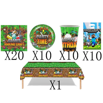 Cartoon Miner Craftings Pixel Tableware Set Theme Birthday Party Decor Cup Plate Napkin Cake Tablecloth Party Kids Baby Shower