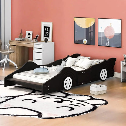 Designs Twin Size Race Car-Shaped Platform Bed with Wheels, Wooden Platform Bed Frame with Support Slats, Twin Floor Bed for Kid