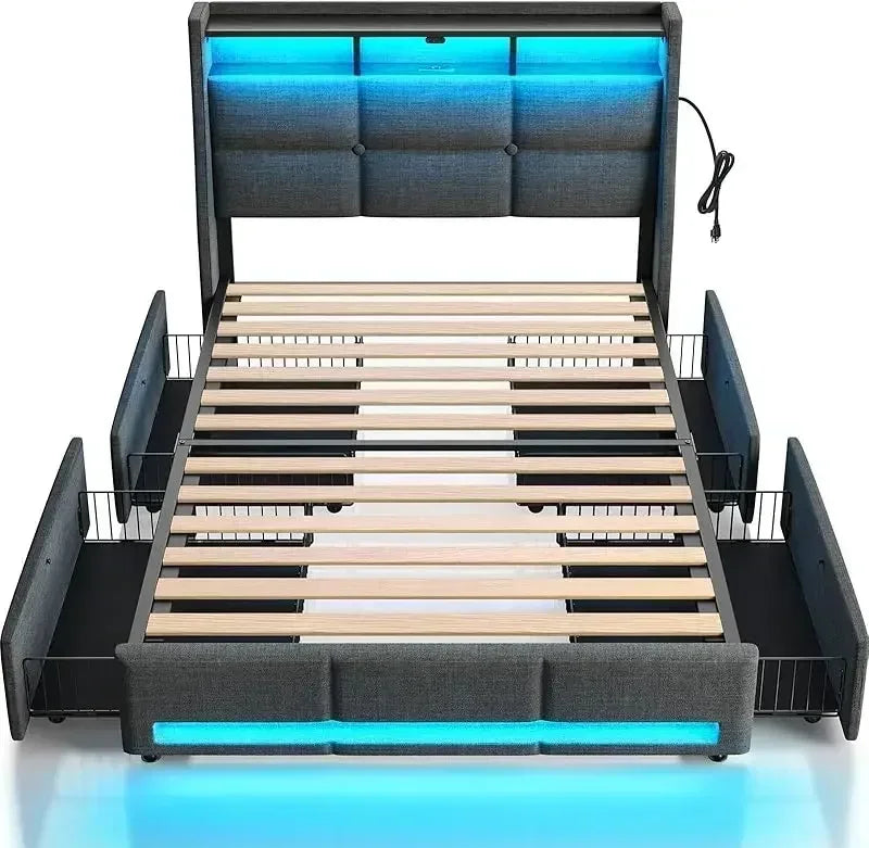 Twin Size Frame with LED Lights and Charging Station, Upholstered Bed Storage Headboard &Amp; Drawers, Twin Bed