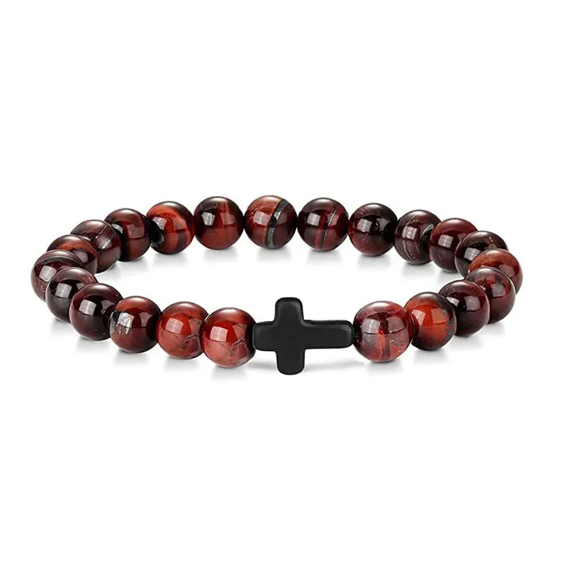 Prayer Men Natural Stone Wood Beads Rosary Hematite Cross Bracelets Onyx Meditation Bracelet Women Yoga Jewelry Homme Pulsera