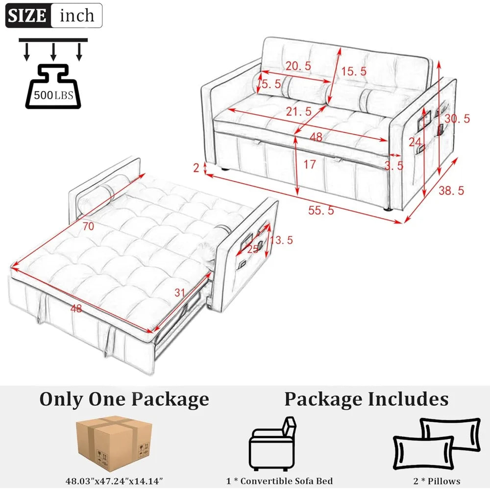 3 in 1 Pull Out Convertible Sofa Bed with USB Ports - 55" Modern Velvet Sleeper Sofa with 3 Level Adjustable Backrest, Loveseat